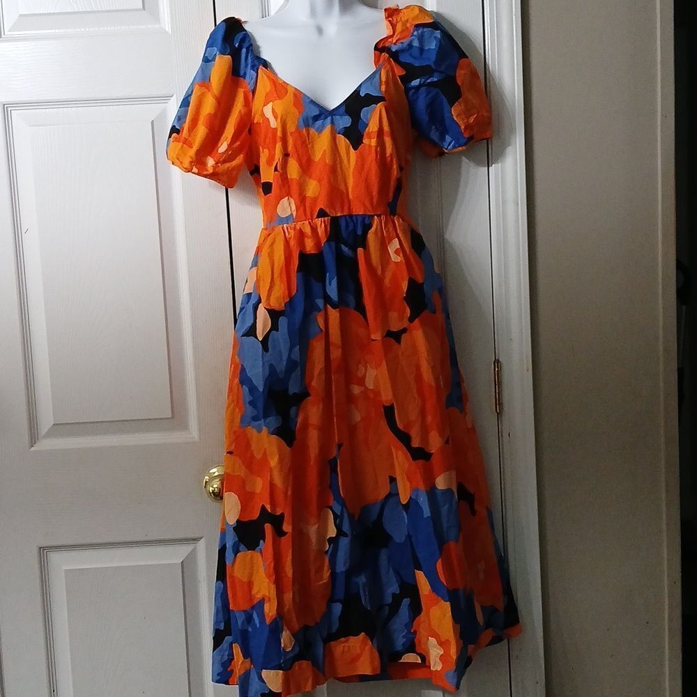 Tabitha Brown orange blue black floral puffy sleeve midi pocket dress Sz 6 NWOT